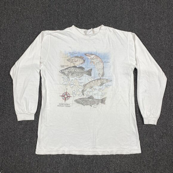 Northern Reflections T Shirt Men’s Long Sleeve White Fish Types Size Medium - Picture 1 of 6